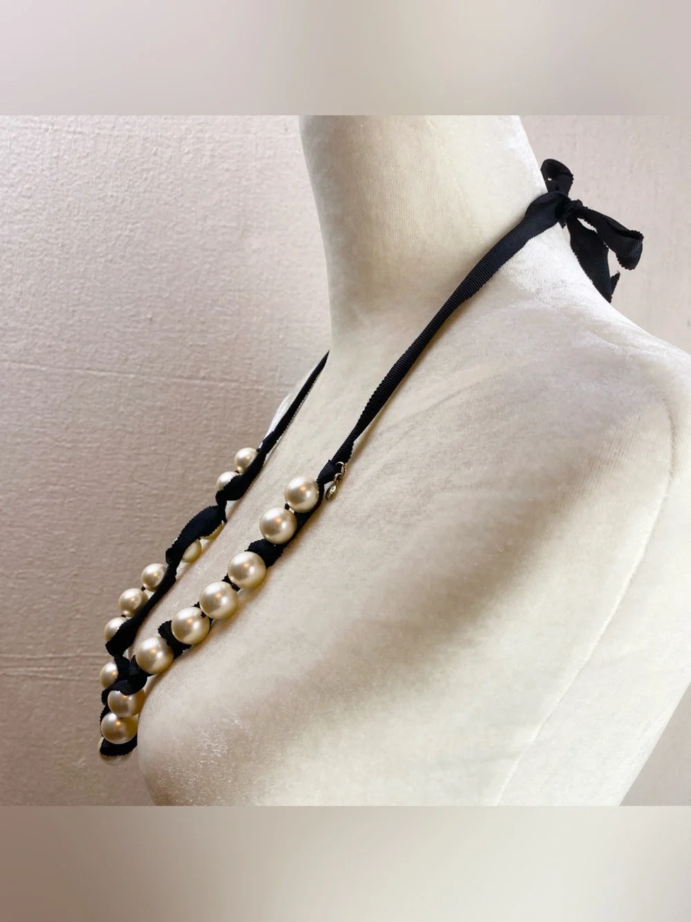 J Crew large Faux Pearl Black Grosgrain Ribbon Necklace